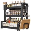Kitchen Seasoning Rack, 3 Tier Tableware Holder for Countertops,Cutlery Organizer with Cutting Board & Lid Pot,Kitchen Storage Shelf with Hooks,Black
