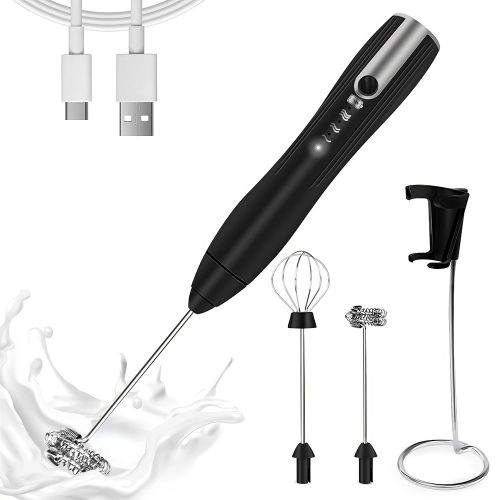 Homasy Rechargeable Handheld Milk Frother 3-Speed Powerful Beverage Blender with 2 Whisk Heads Stand Included Milk Frother